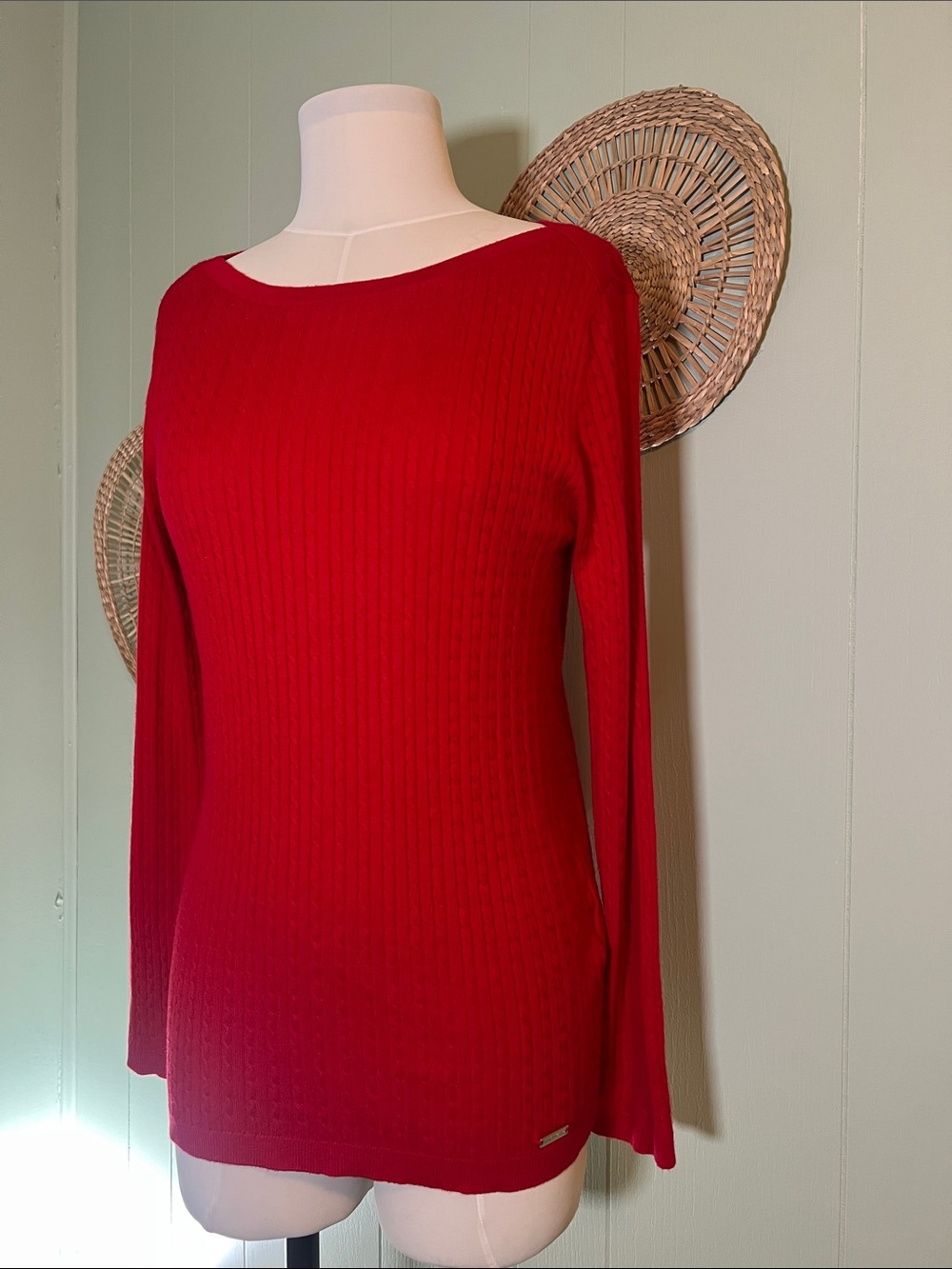 Y2K Style PreppyWomen's Red Ribbed Long-Sleeve Knit Top viscose Tommy Hilfiger